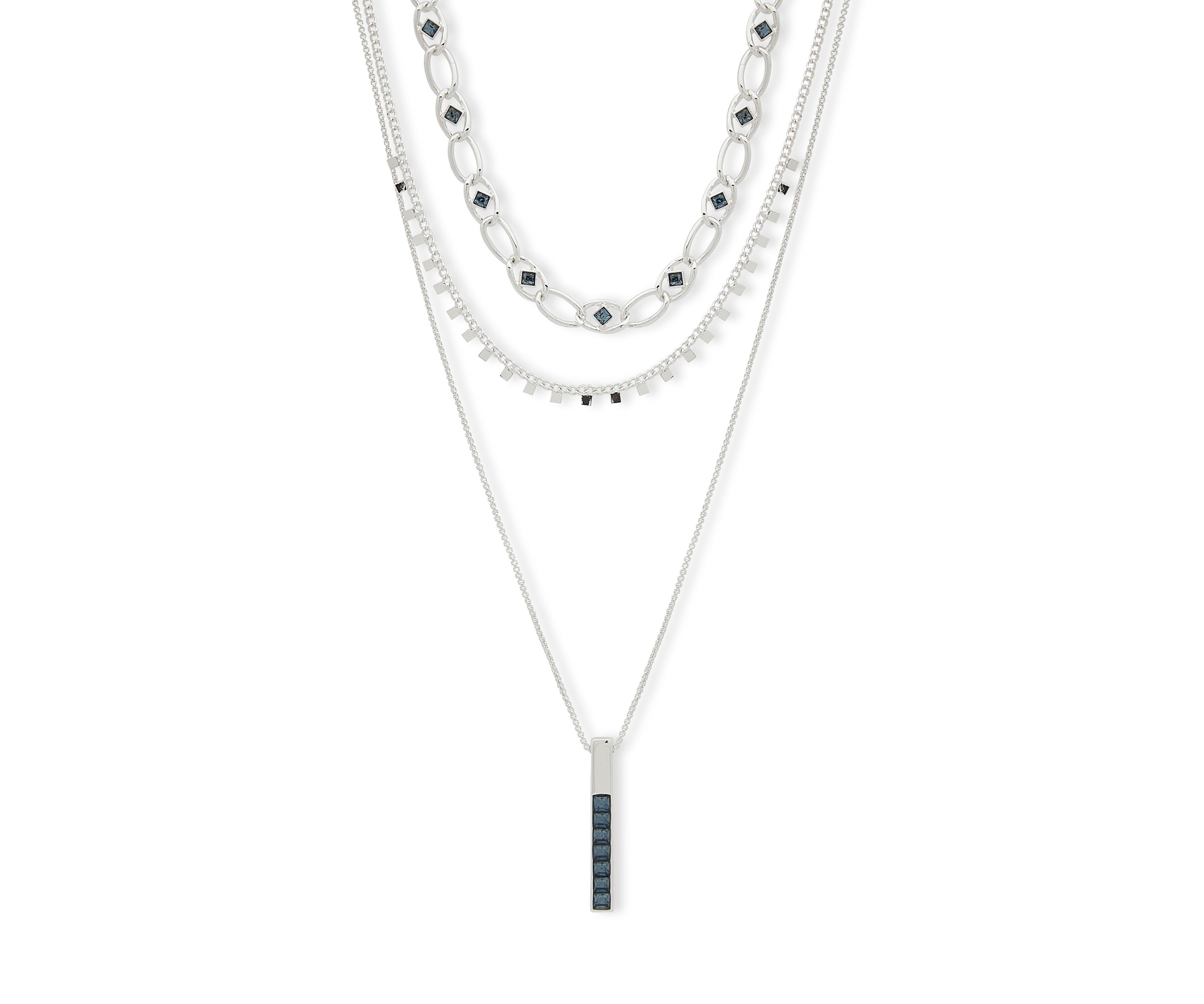Silver Tone Denim Blue Pendant Multi Row Necklace