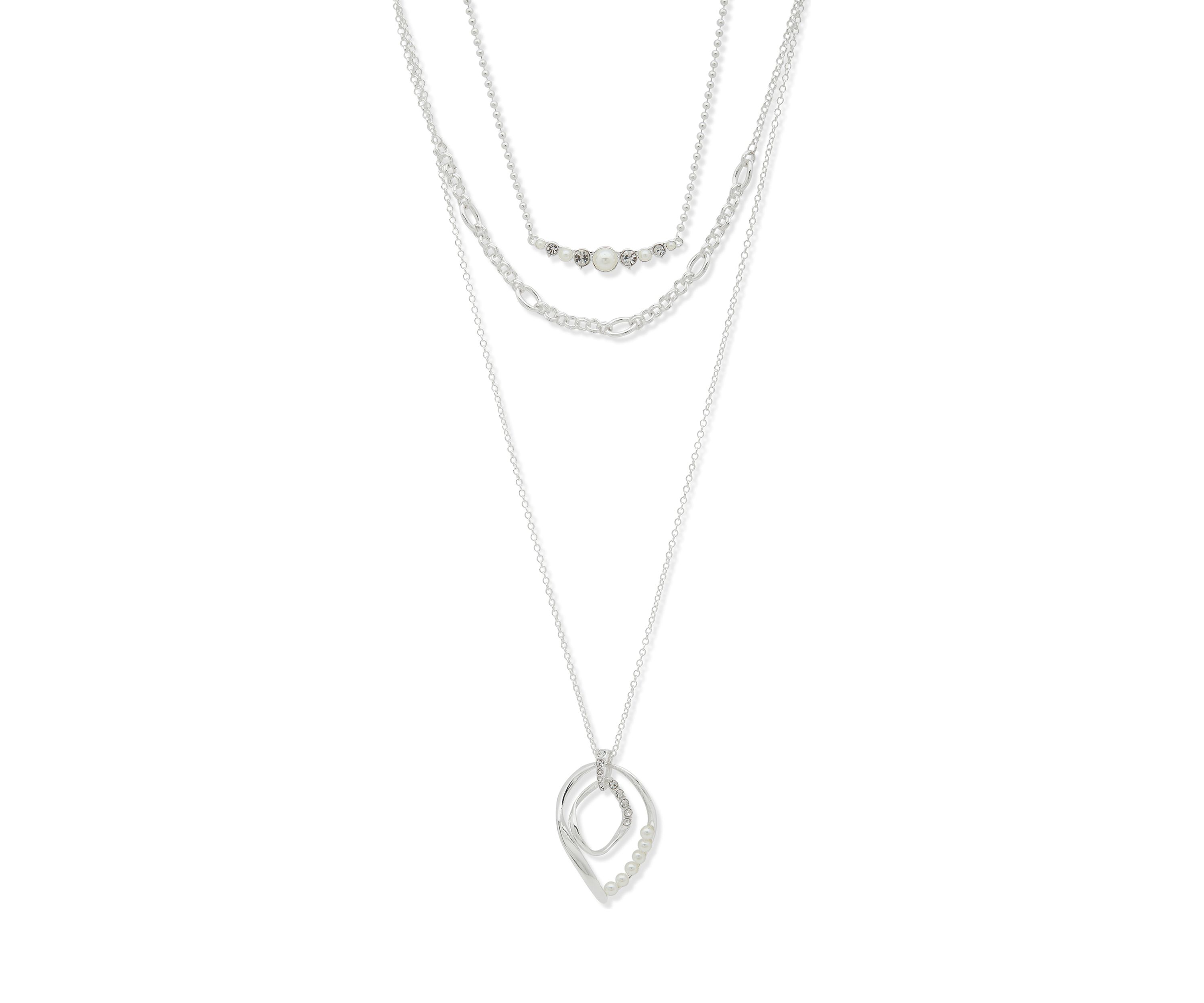 Silver Tone Pearl Crystal Multi Row Necklace
