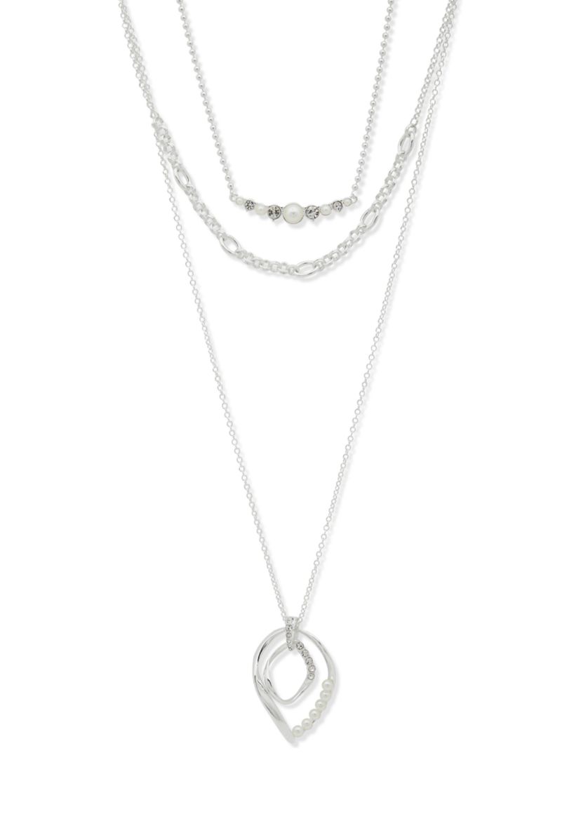 Silver Tone Pearl Crystal Multi Row Necklace