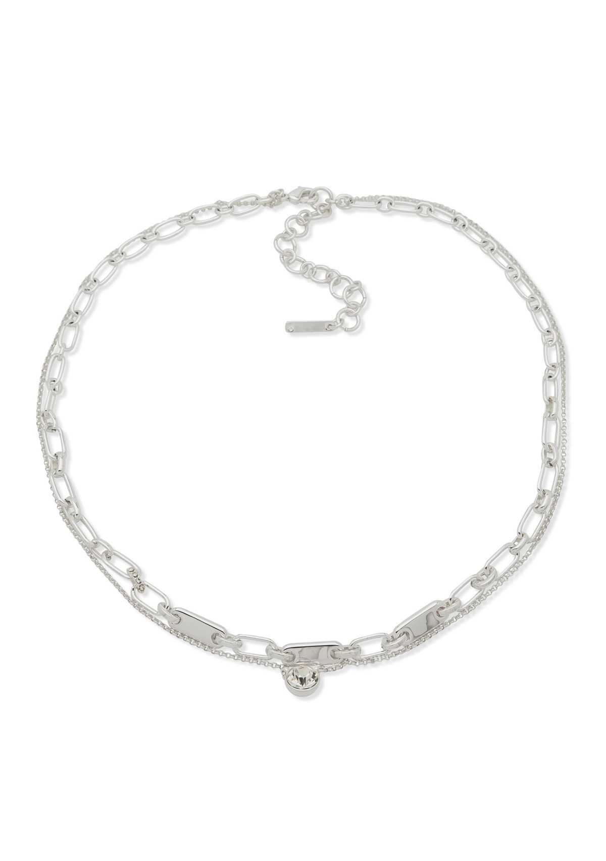 Silver Tone Crystal Pendant Multi Row Necklace