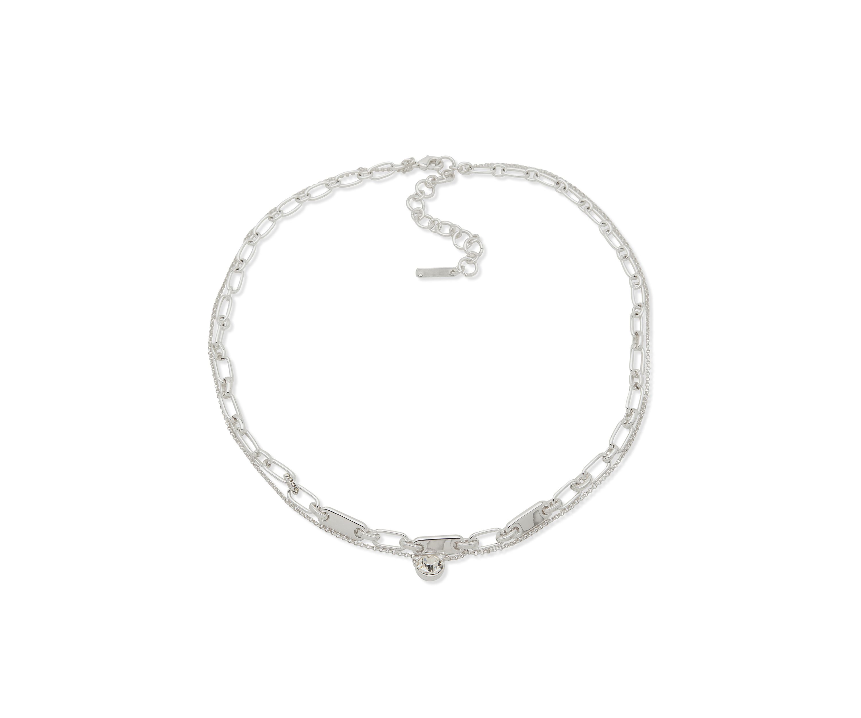 Silver Tone Crystal Pendant Multi Row Necklace