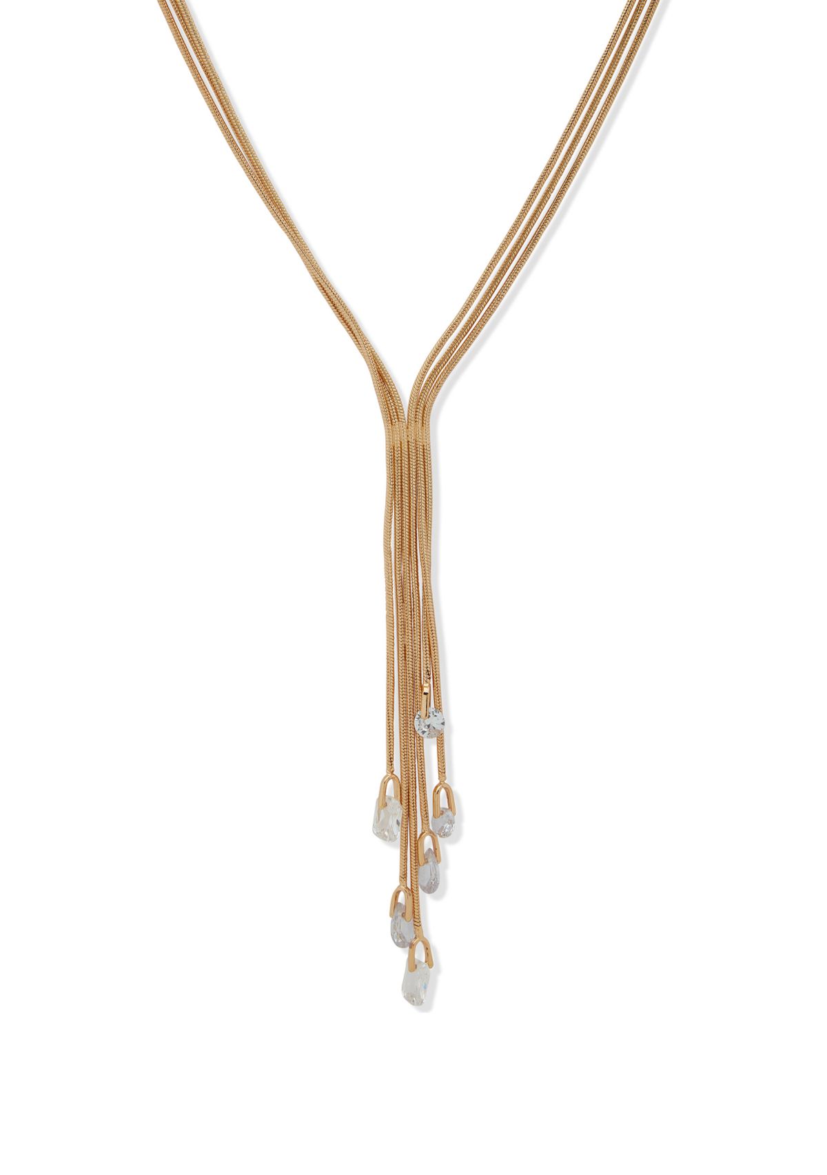 Gold Tone Crystal Fringed Chain Y Necklace