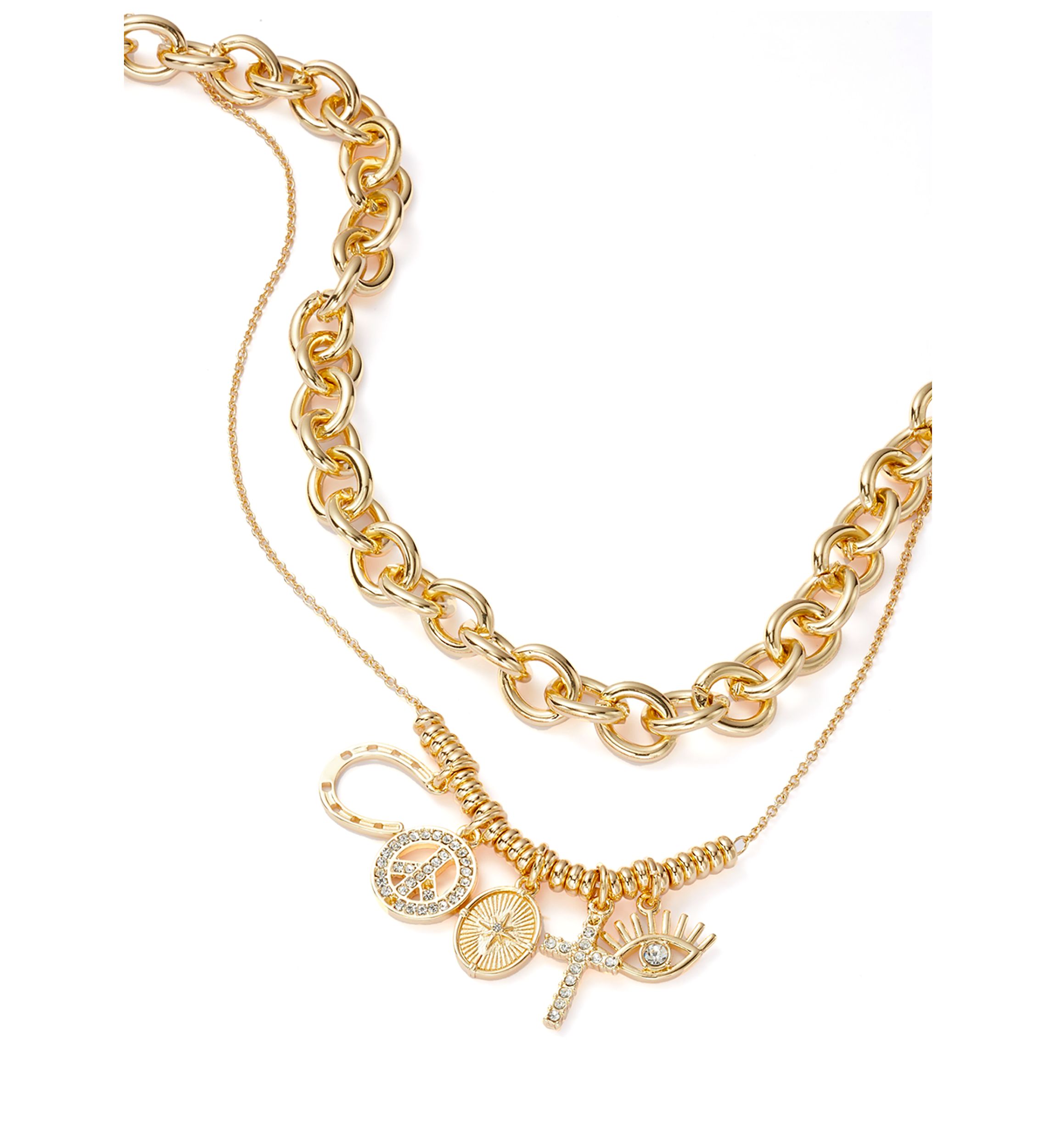 Gold Tone Charm Multirow Necklace