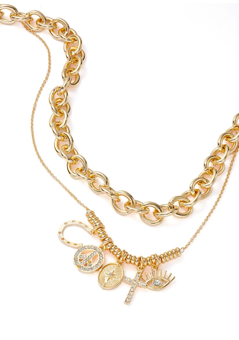 Gold Tone Charm Multirow Necklace