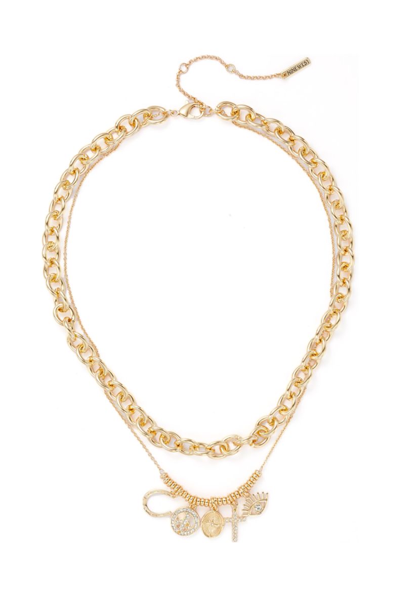 Gold Tone Charm Multirow Necklace