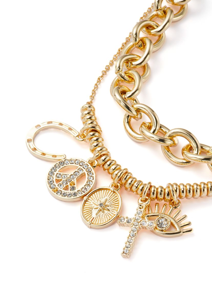 Gold Tone Charm Multirow Necklace