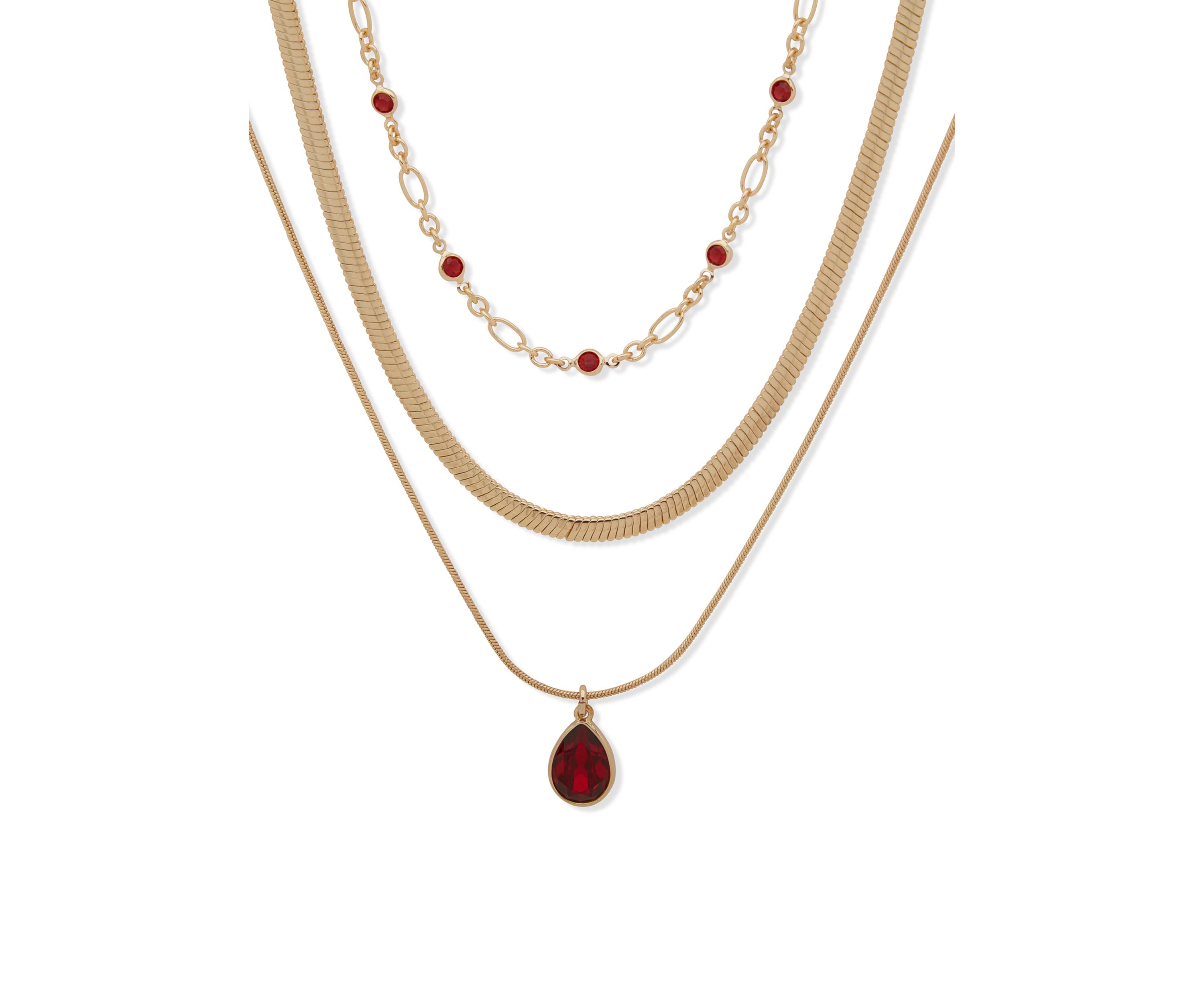 Gold Tone Red Pave Multirow Necklace