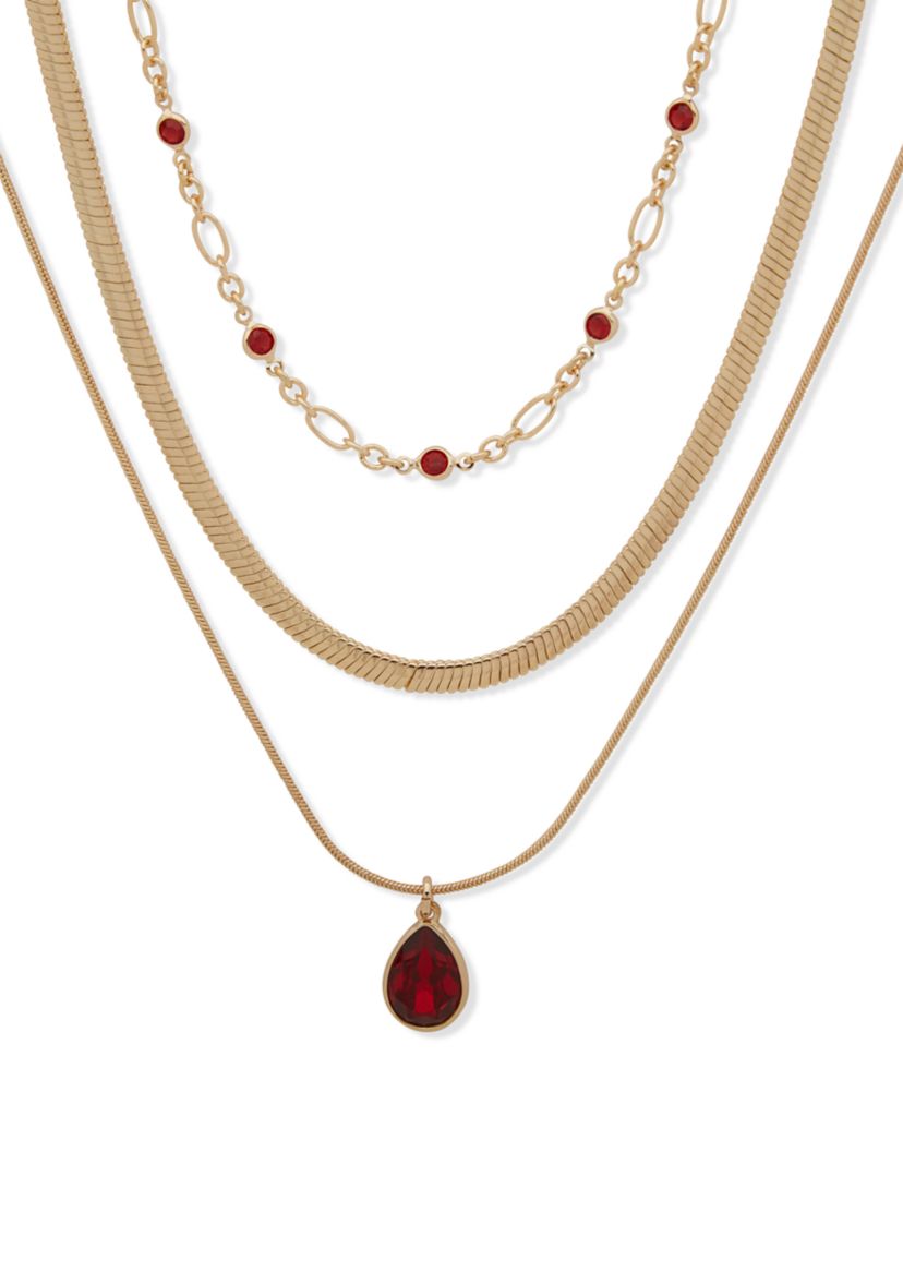 Gold Tone Red Pave Multirow Necklace