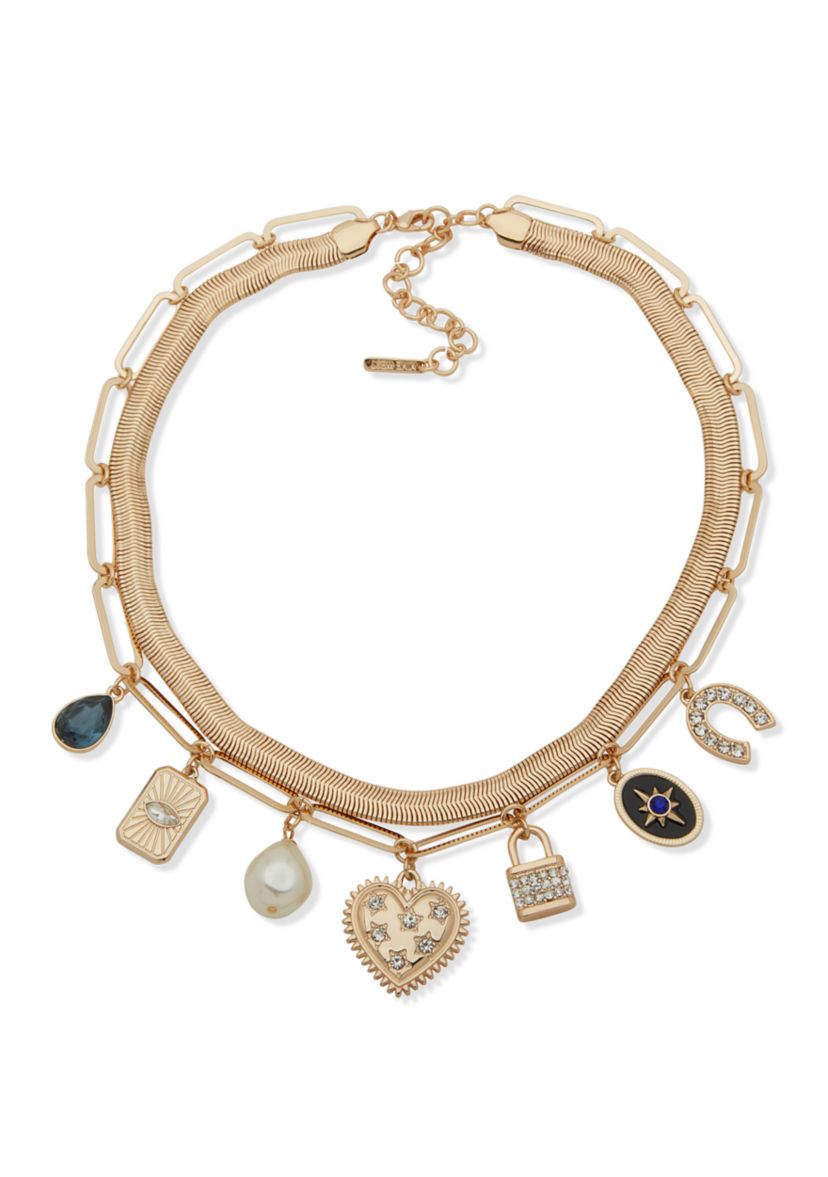 Gold Tone Multi Row Charm Necklace