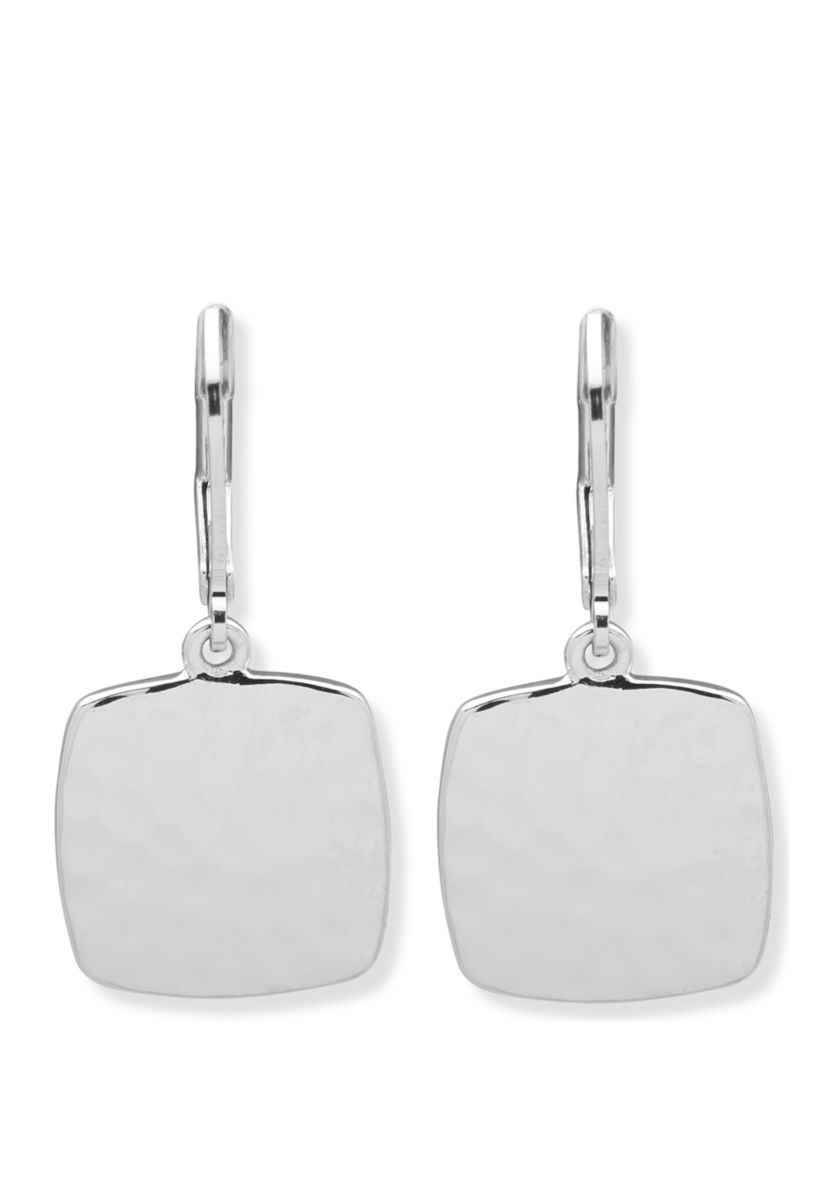 Silver Tone Hammered Square Drop Earrings
