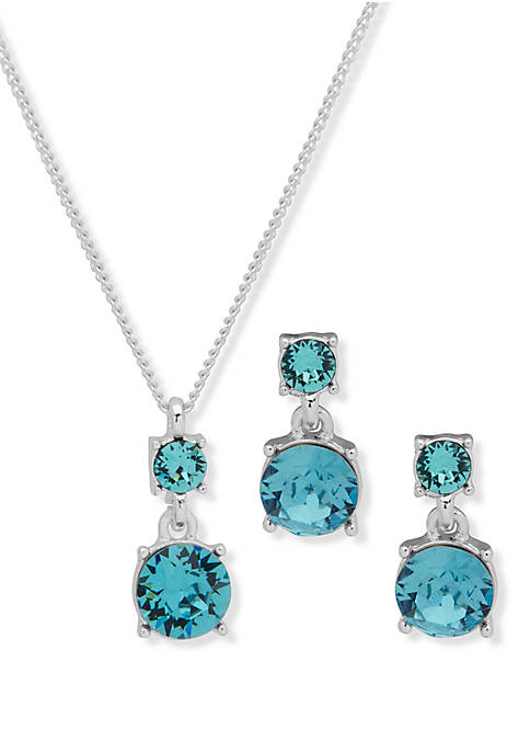 Boxed Silver Tone Blue Swarovski Necklace And Earring Set