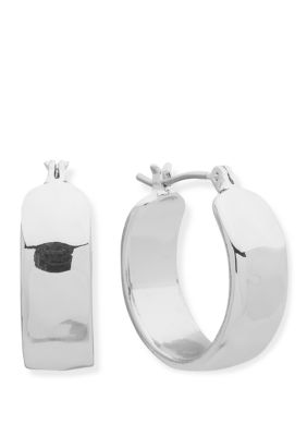 Polished Silver Tone Wide Small Click Top Hoop Earrings
