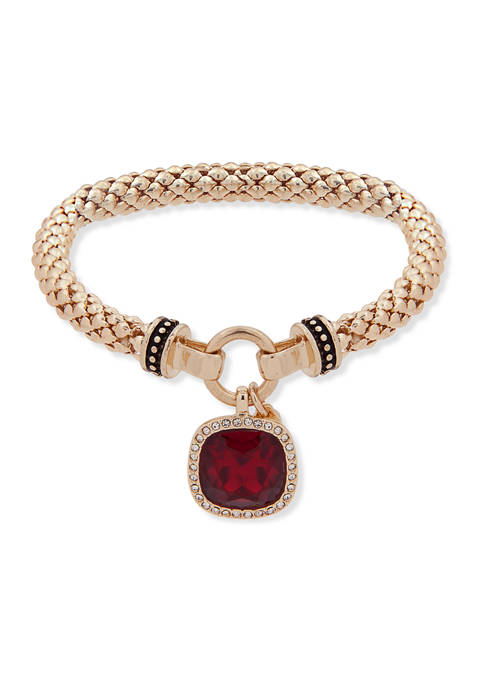 Gold Tone Red Crystal Stretch Boxed Bracelet