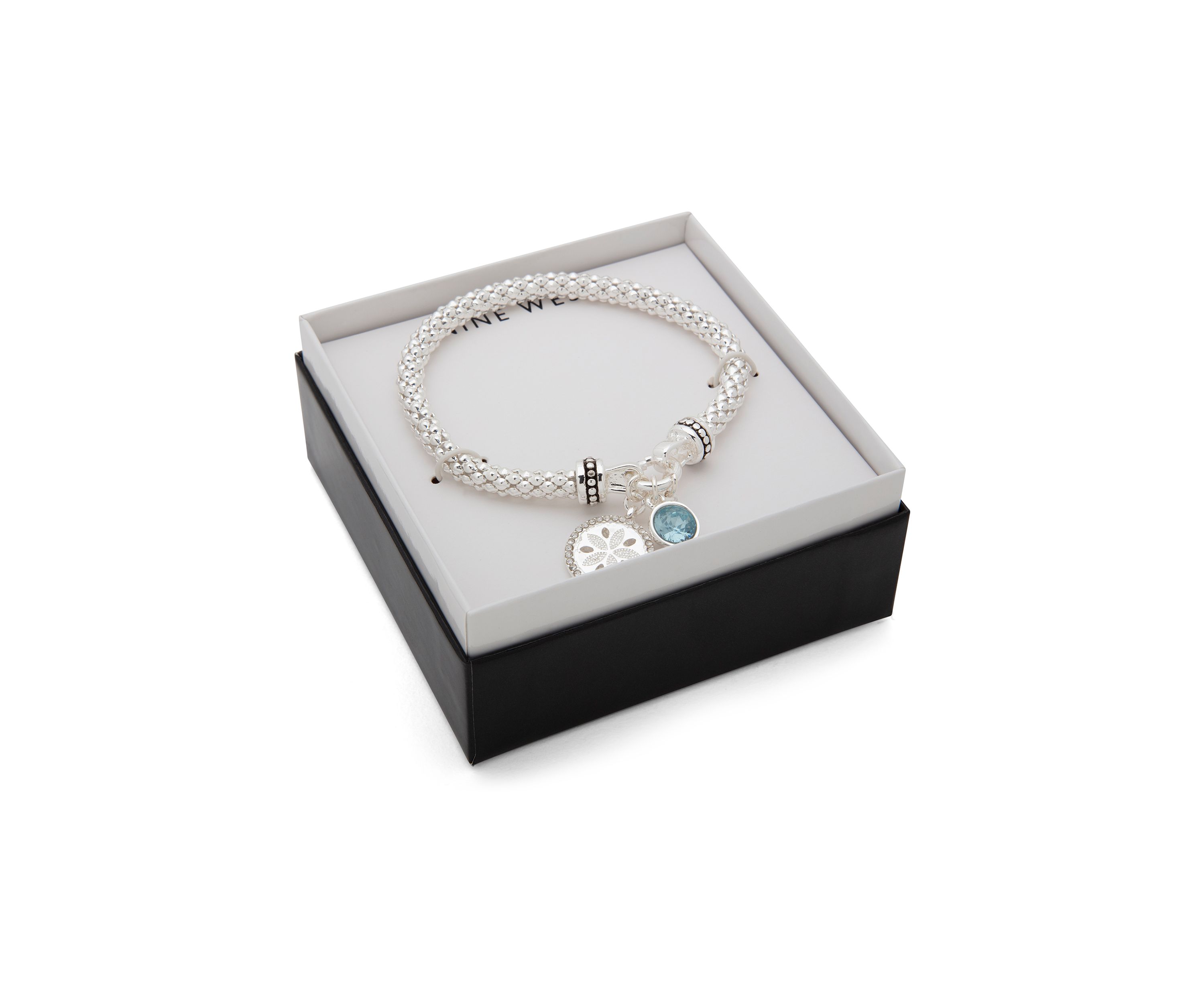 Silver Tone Sand Dollar Stretch Bracelet - Aqua Boxed Jewelry 