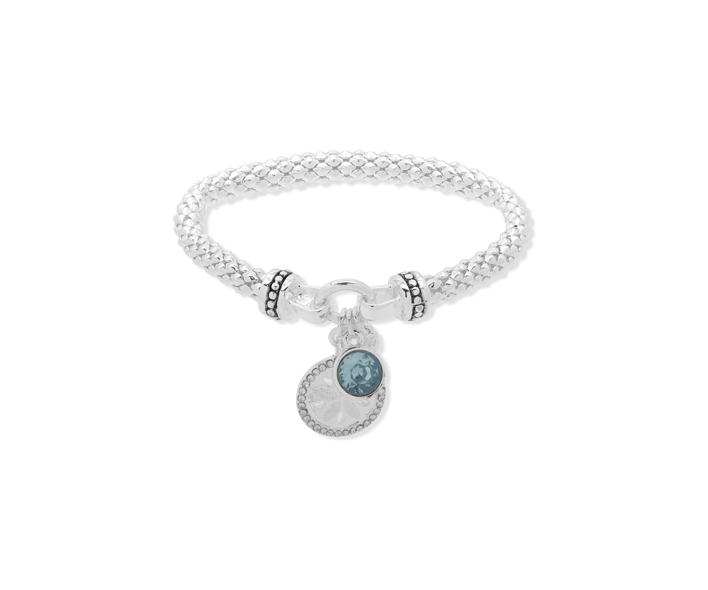 Silver Tone Sand Dollar Stretch Bracelet - Aqua Boxed Jewelry 