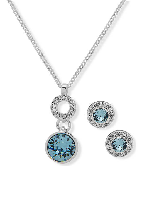 Silver Tone Aqua Crystal Swarovski® 16 Inch Necklace Earring Set Boxed