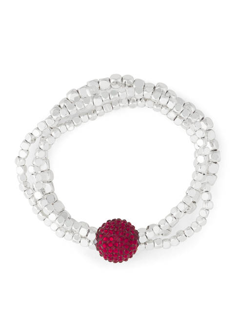 Boxed Silver Tone Red Bead Stretch Bracelet 