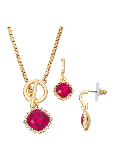 Boxed Gold-Toned Siam Crystal Stone Pendant Necklace and  Earring Set