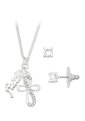 Silver Tone Crystal Cross Pendant Necklace Earring Set - Boxed 