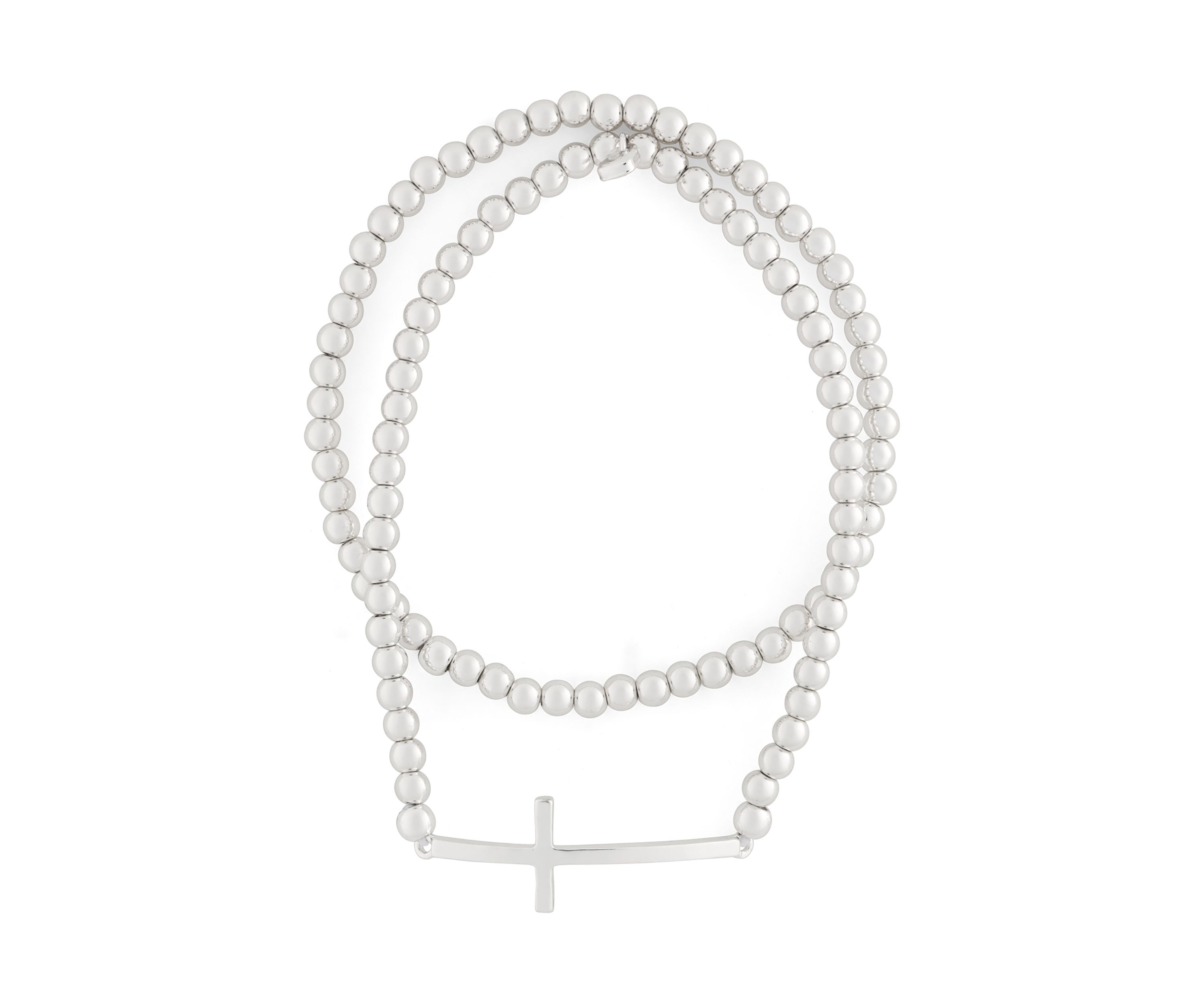 Silver Tone Set of 2 Cross Beaded Stretch Bracelet - Boxed 