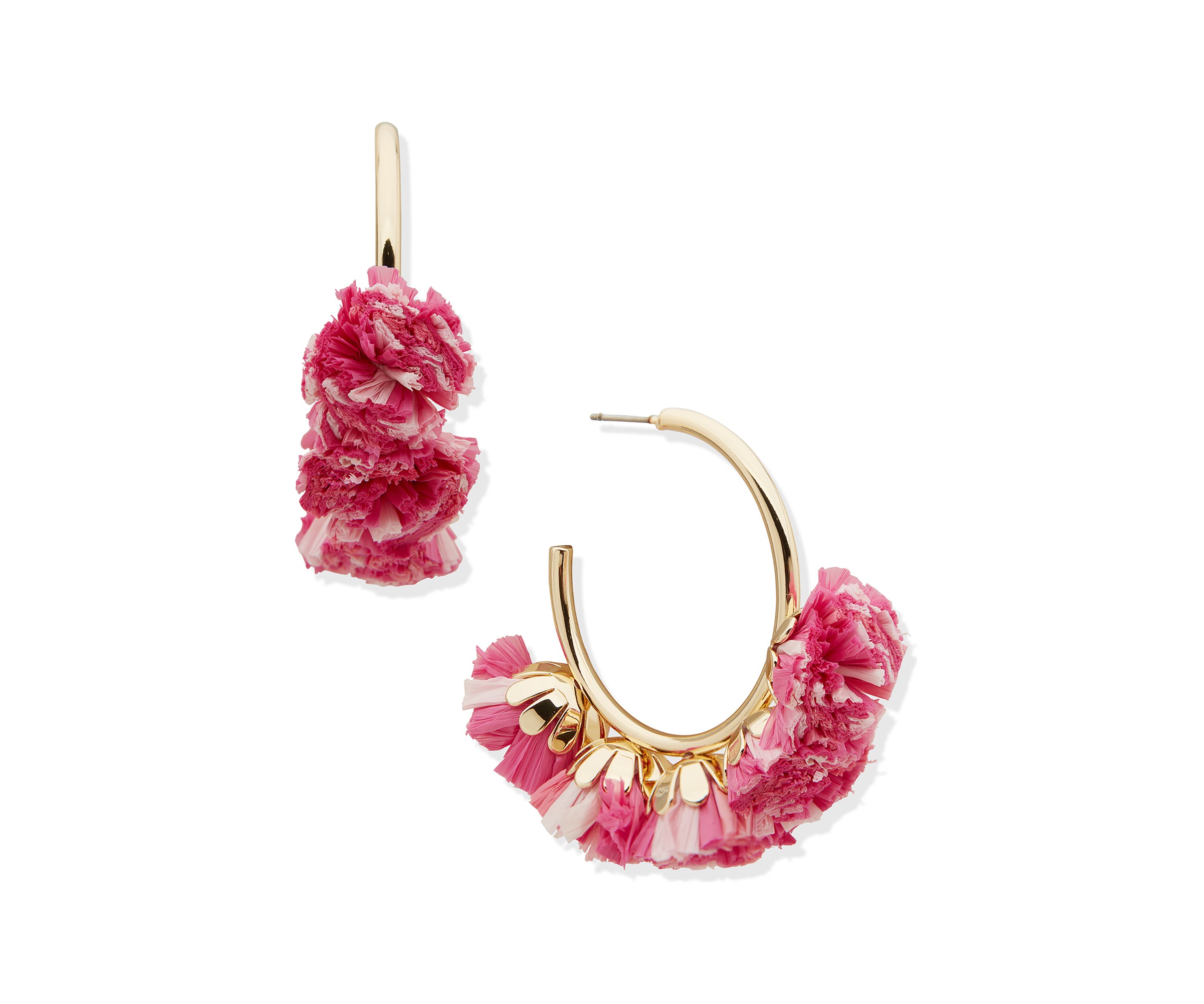 Gold Tone Raffia Pom Pom C Hoop Earrings
