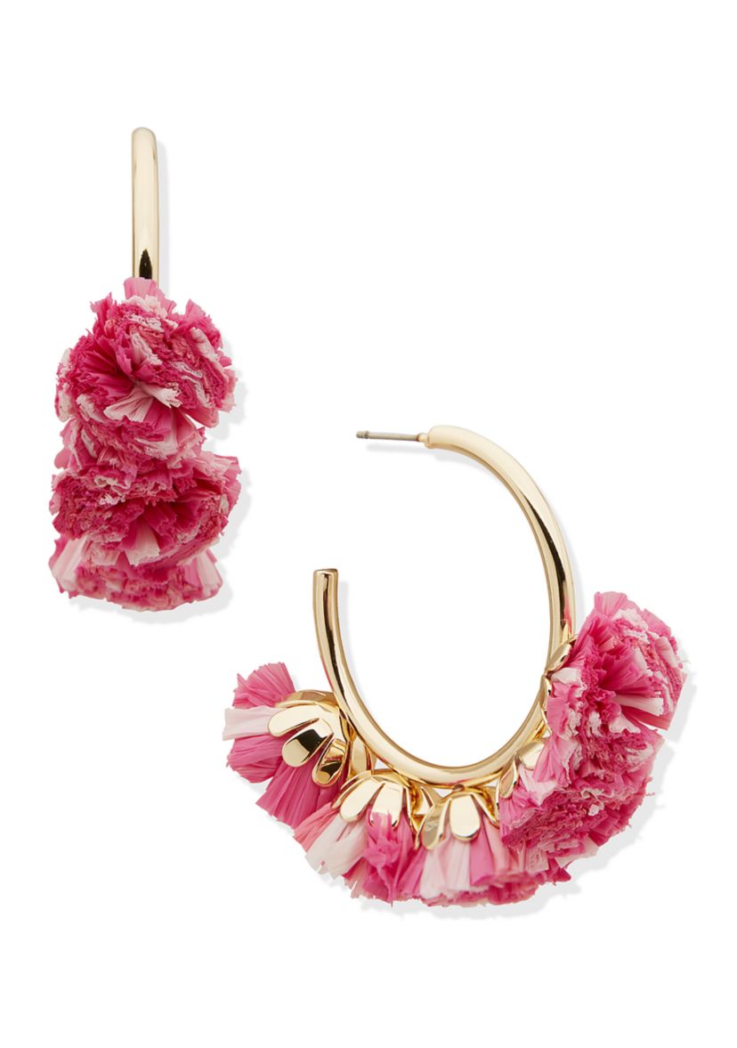 Gold Tone Raffia Pom Pom C Hoop Earrings