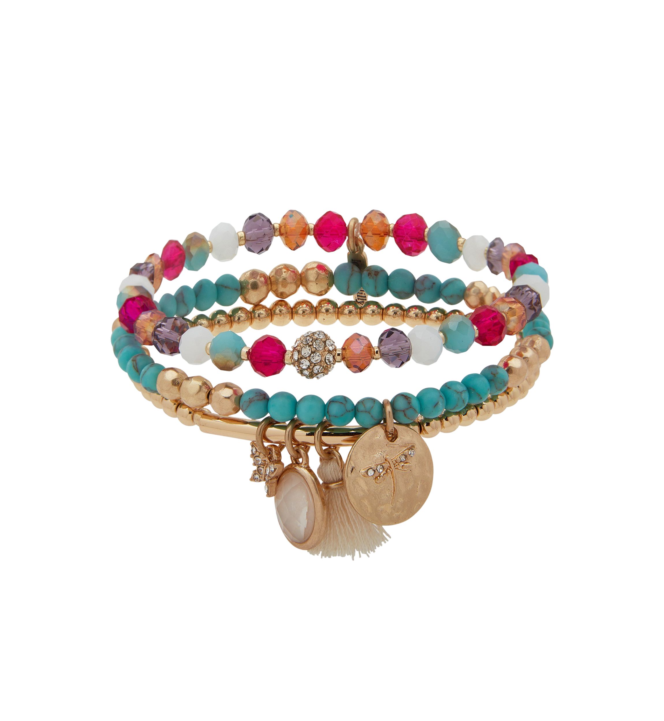 Gold Tone 3 Row Beaded Stretch Bracelet