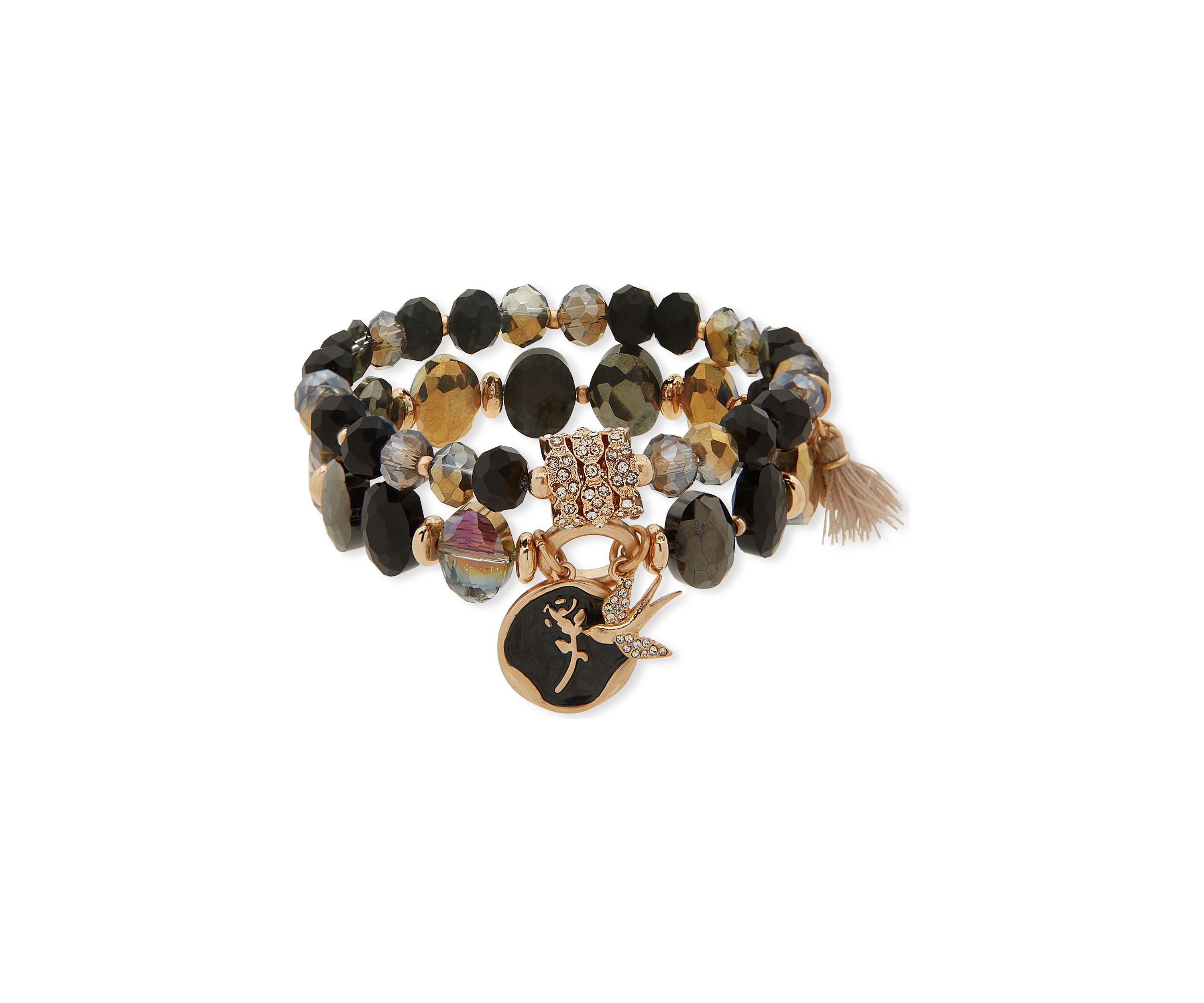 Gold Tone Black Beaded Stretch Bracelet Set