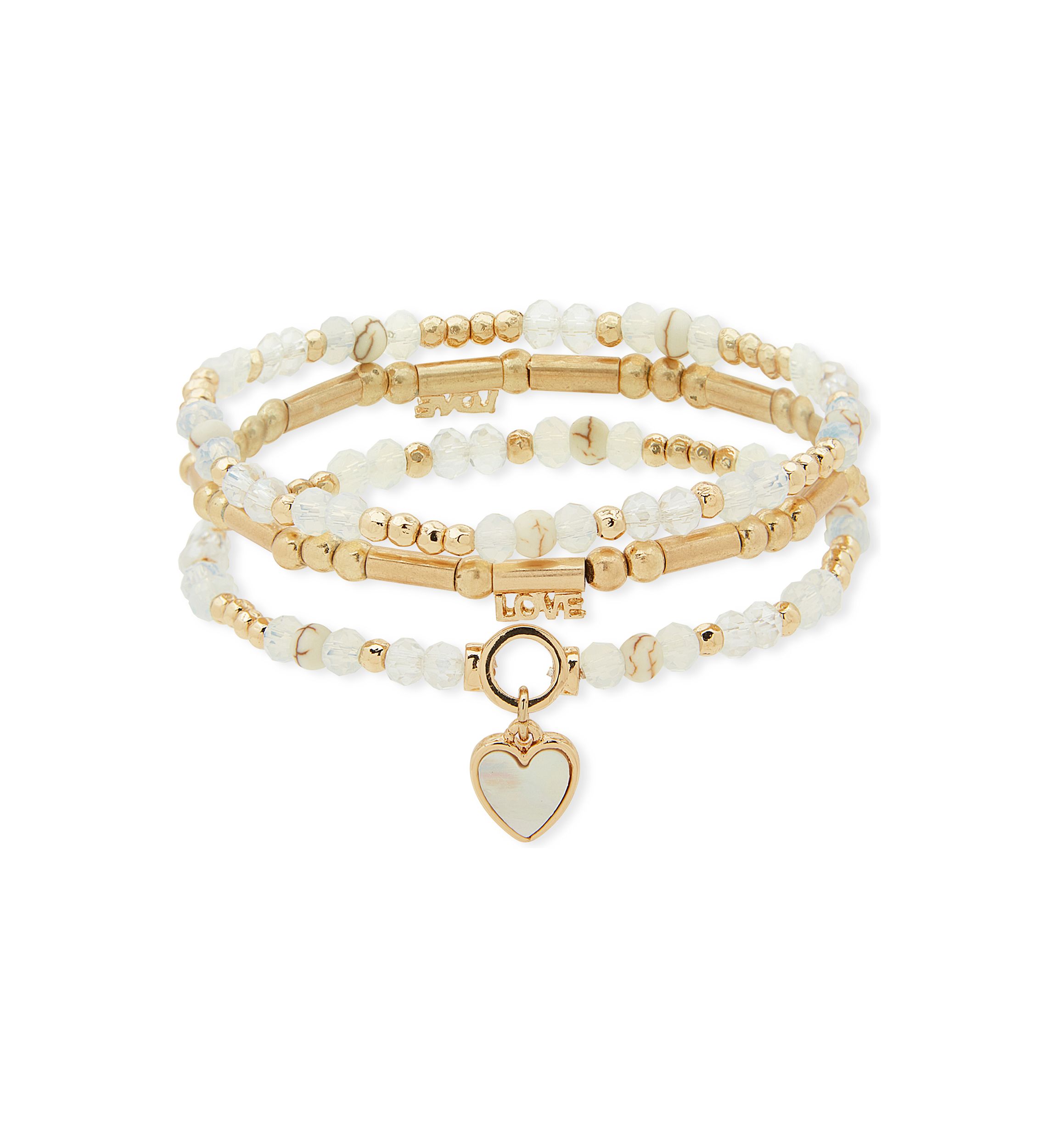 Gold Tone White Beaded Heart Charm Stretch Bracelet Set