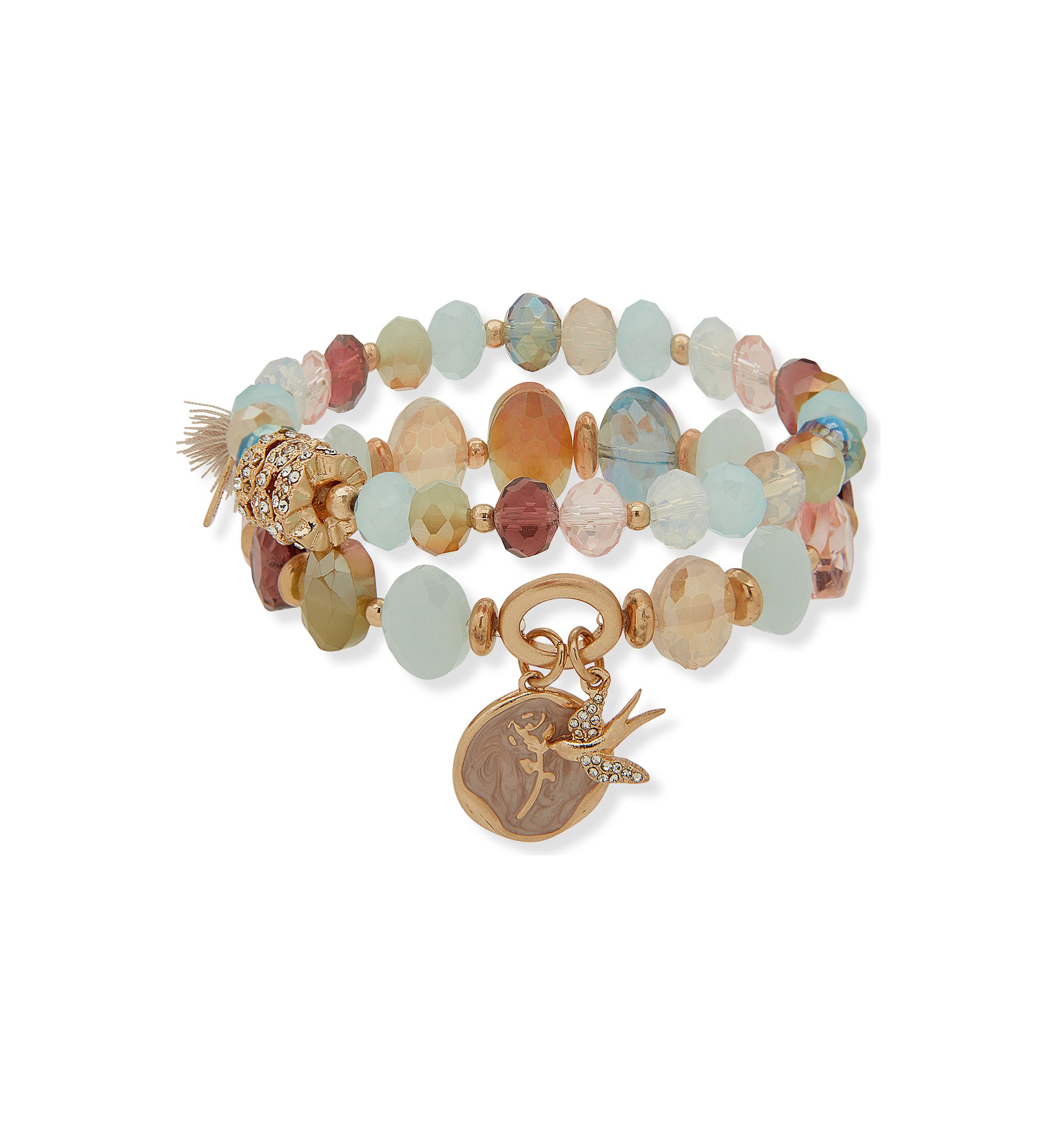 Gold Tone Multi Beaded Stretch Bracelet Set