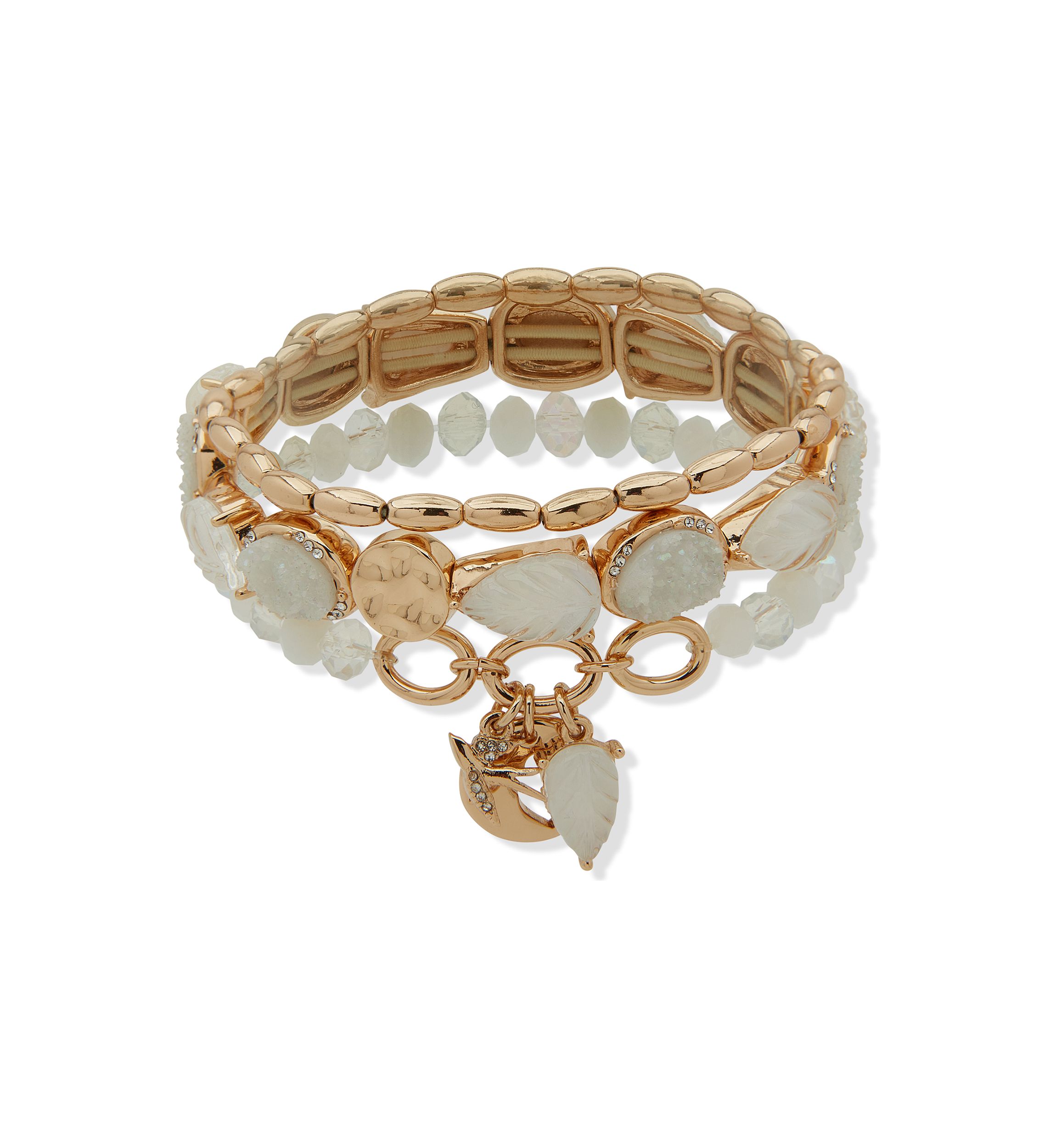Gold Tone White Druzy Beaded Stretch Bracelet Set