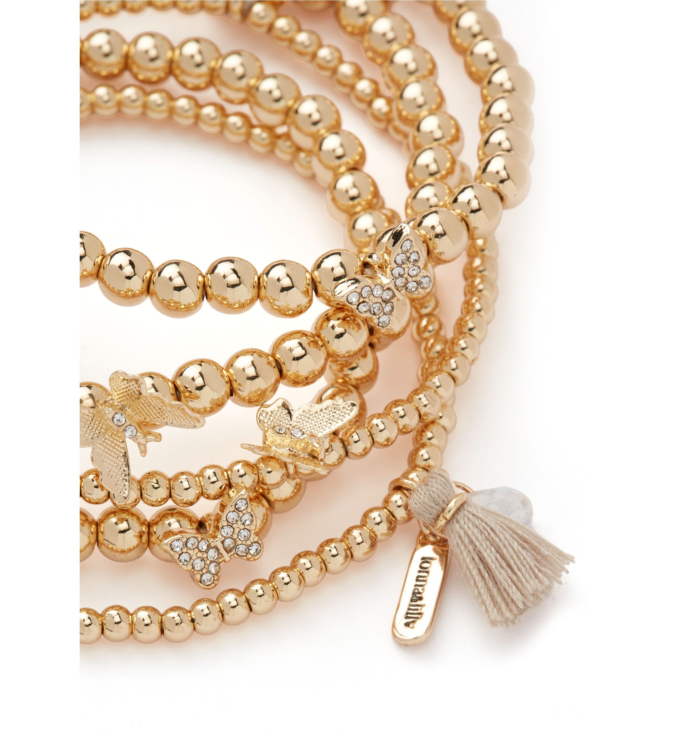 Gold Tone Butterfly Beaded Stretch Bracelet Set