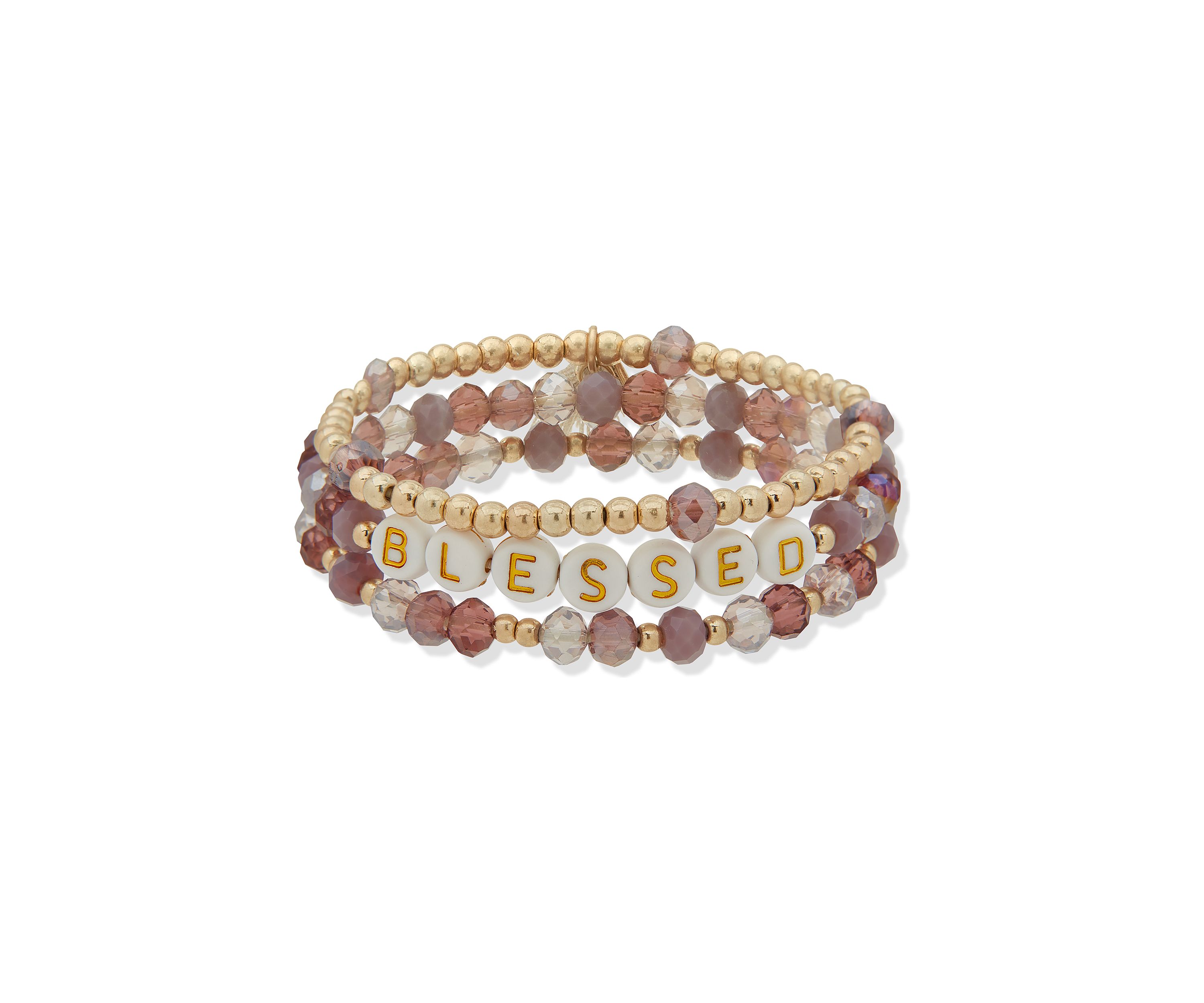 Gold Tone Purple Beaded Blessed Stretch Bracelet Set