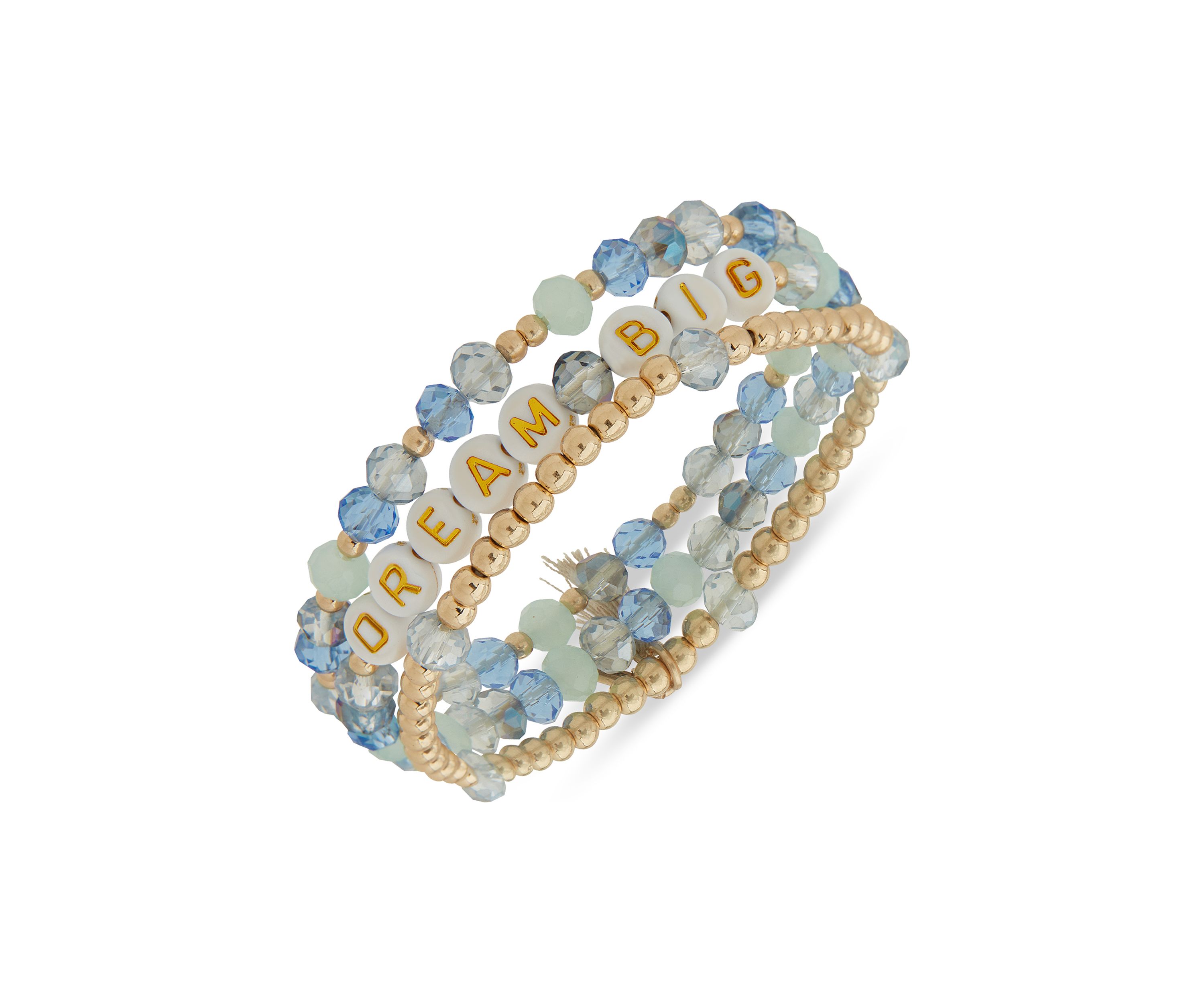Gold Tone Blue Beaded Dream Big Stretch Bracelet Set