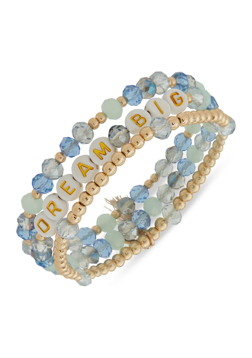Gold Tone Blue Beaded Dream Big Stretch Bracelet Set