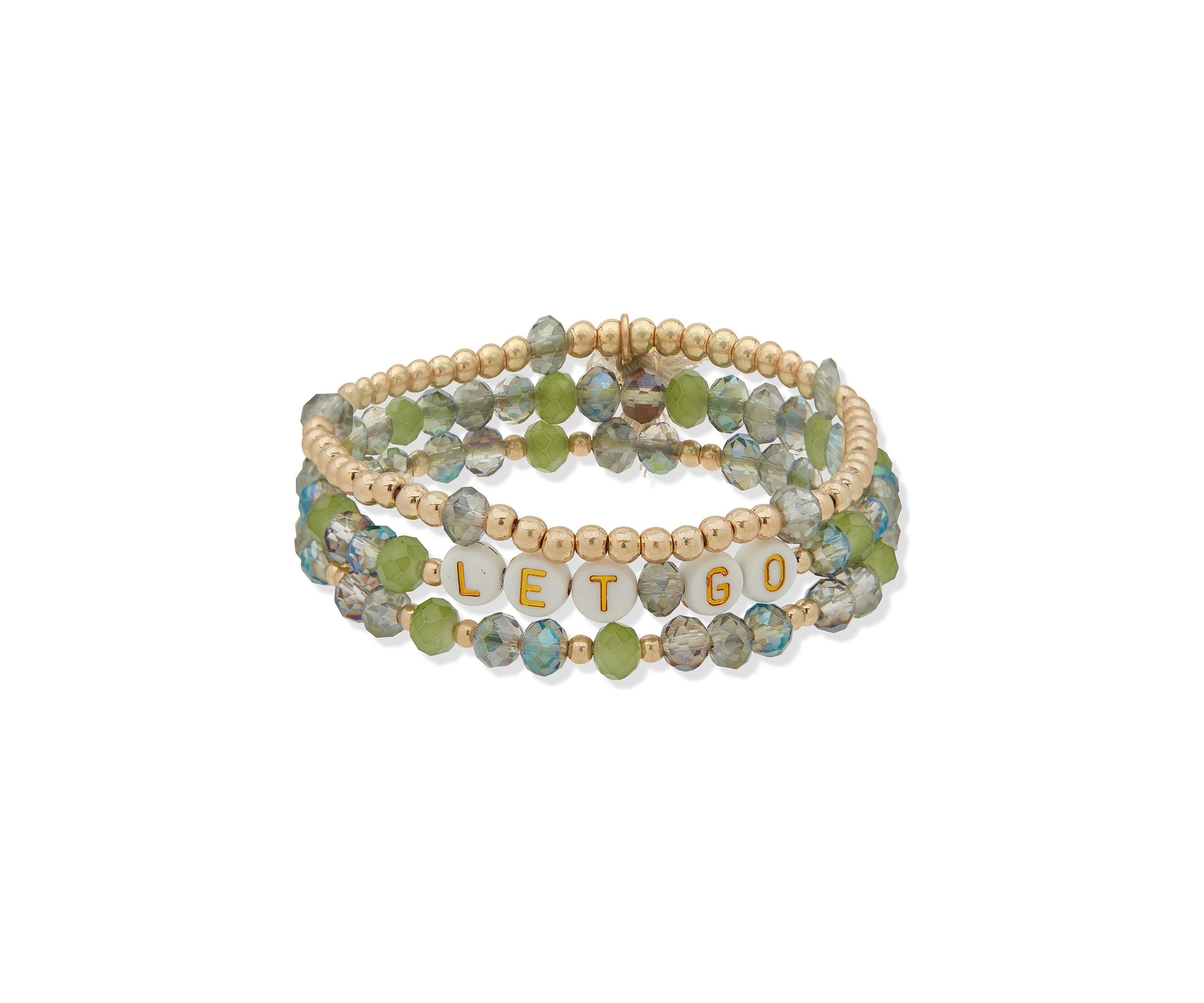 Gold Tone Green Beaded Let Go Stretch Bracelet Set