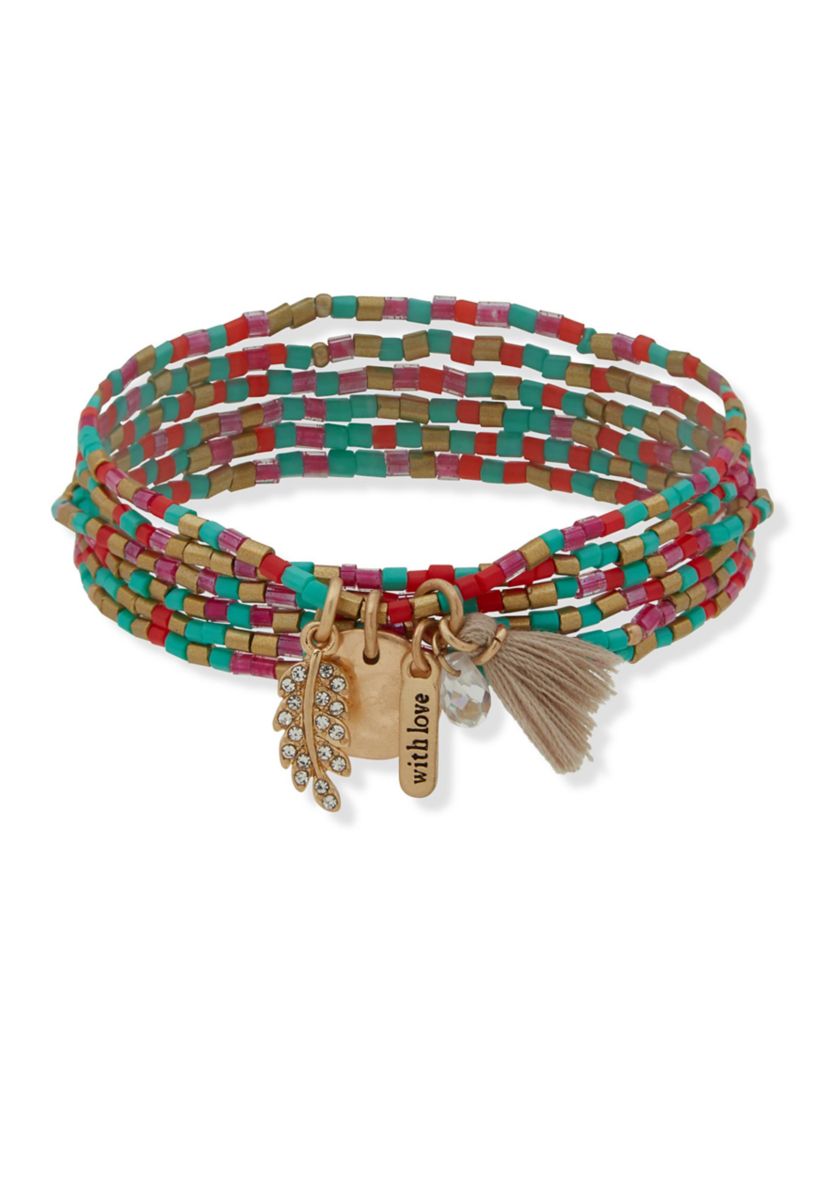 Gold Tone Multi Beaded 6 Stretch Bracelet Set