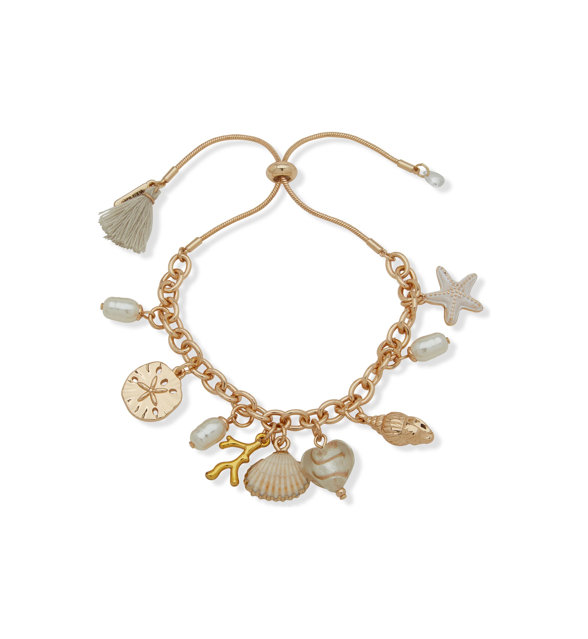 Gold Tone White Sealife Charm Slider Bracelet