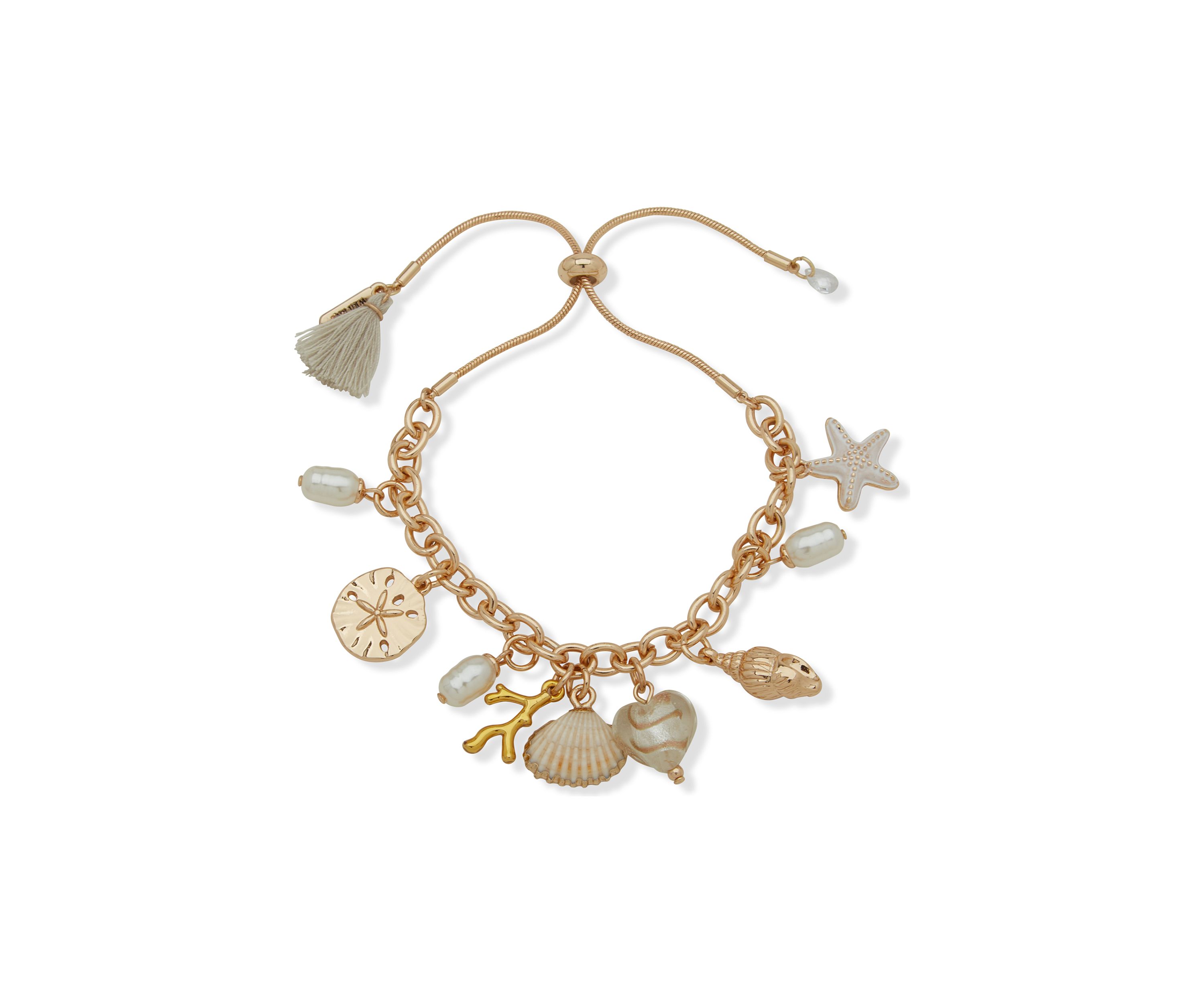 Gold Tone White Sealife Charm Slider Bracelet