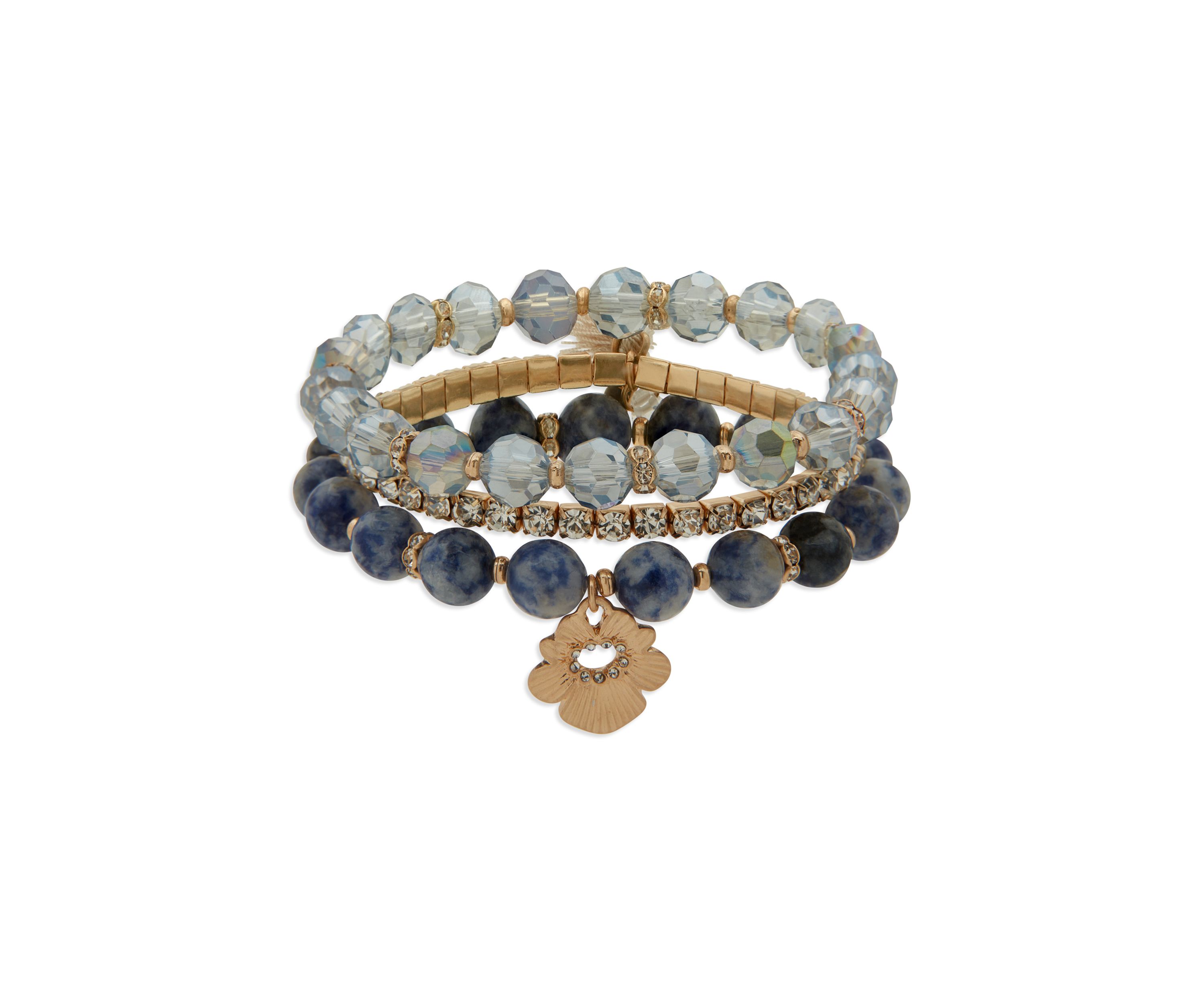 Gold Tone Beaded Flower Stretch Bracelet Set