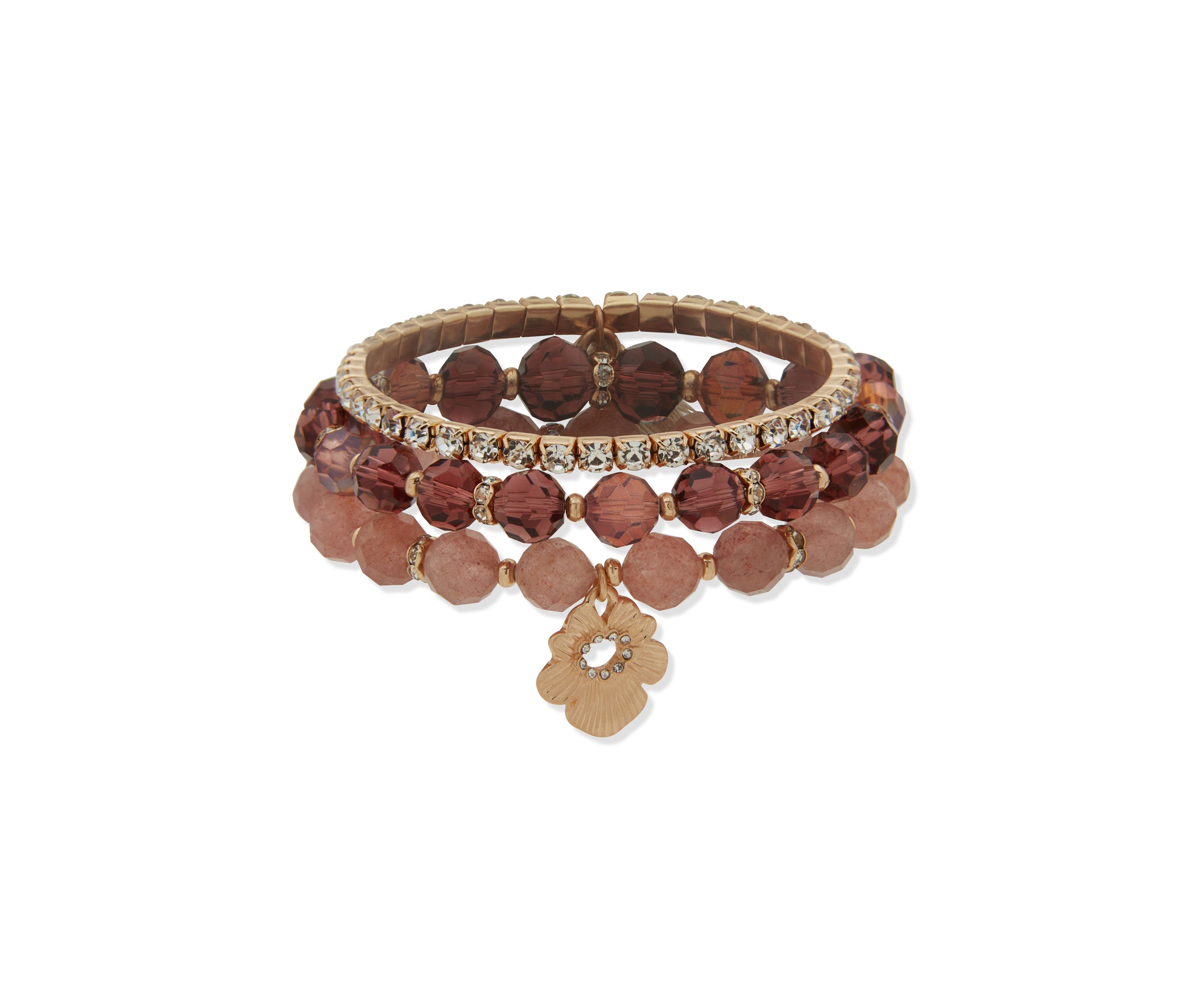 Gold Tone Burgundy Beaded Flower Stretch Bracelet Set
