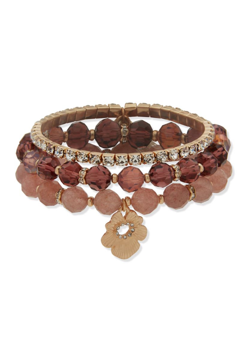 Gold Tone Burgundy Beaded Flower Stretch Bracelet Set