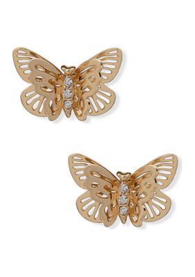 Gold Tone Crystal Filigree Butterfly Stud Earrings