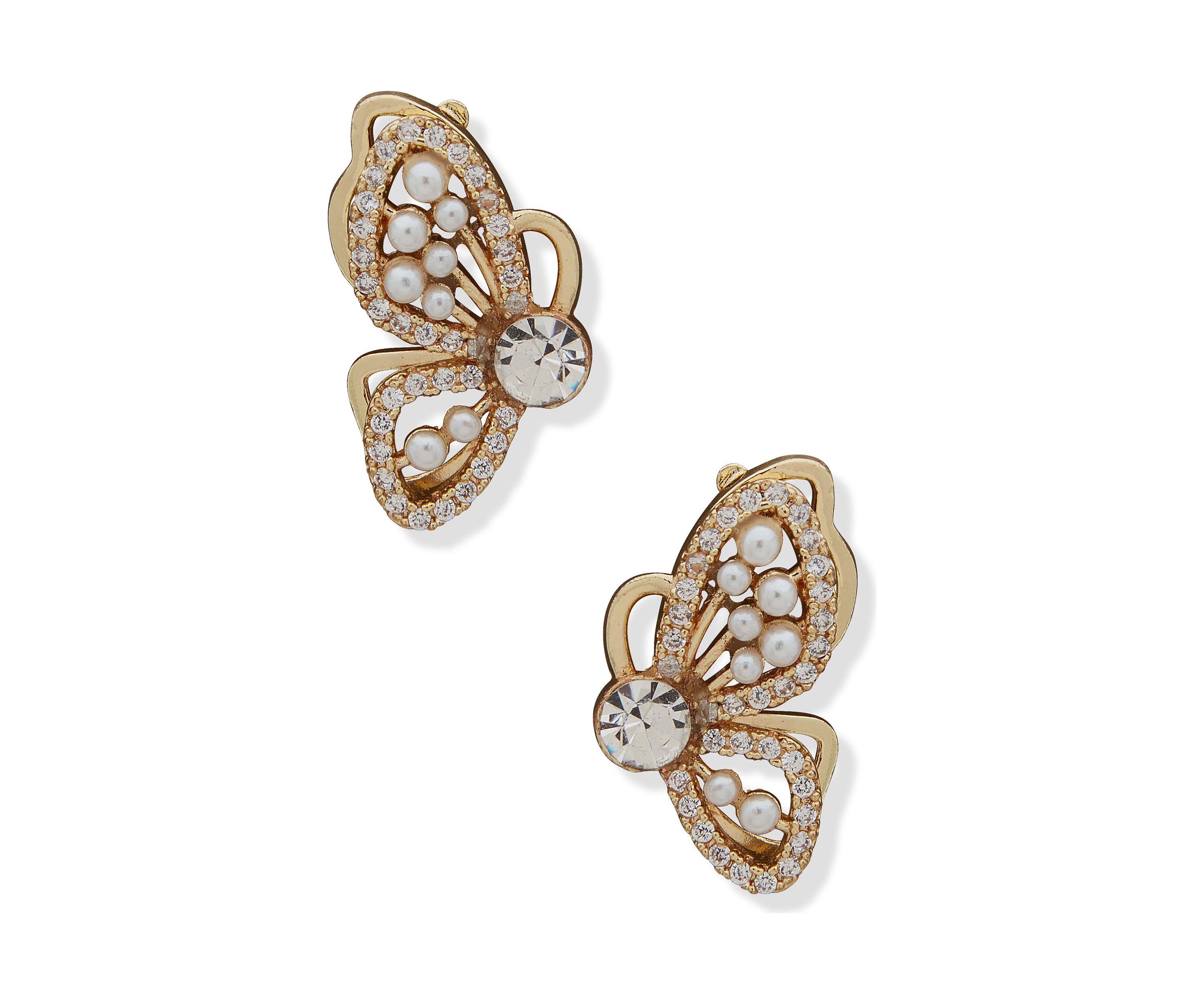 Gold Tone White Pearl Butterfly Stud Earrings
