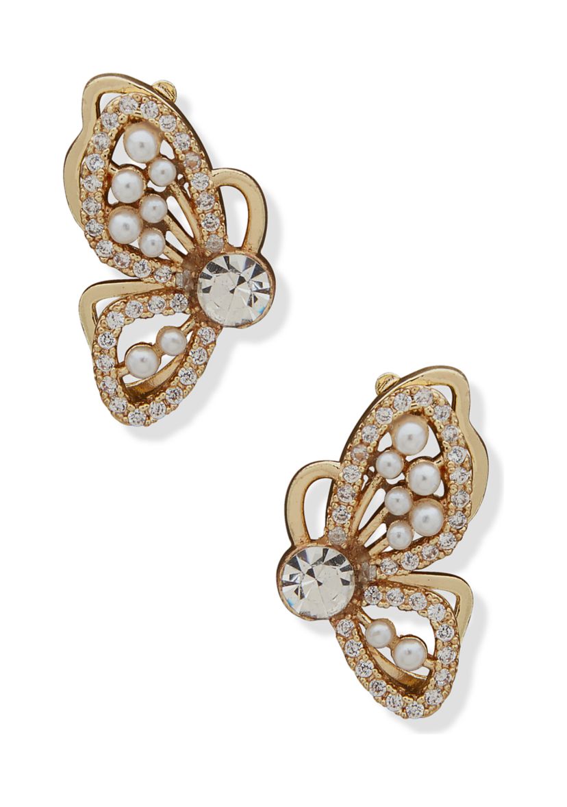 Gold Tone White Pearl Butterfly Stud Earrings
