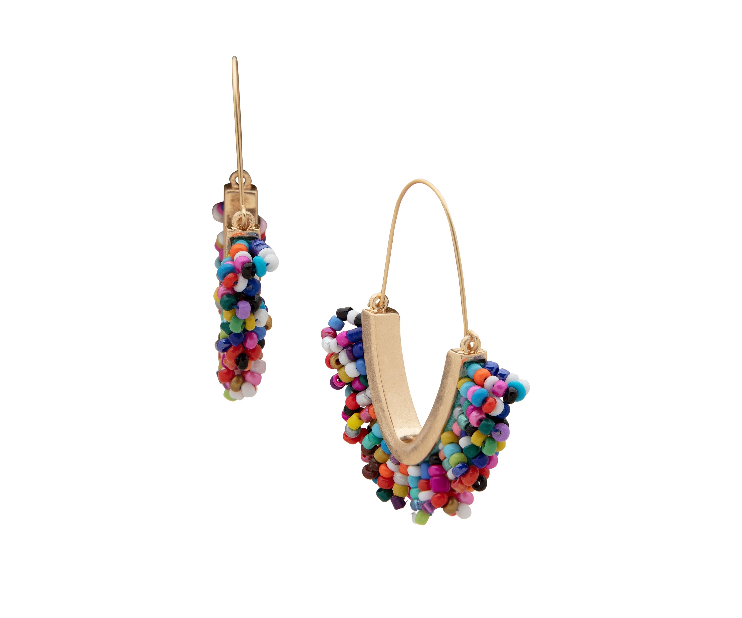 Gold Tone Multi Colored Hoop with Bead Drops Earrings