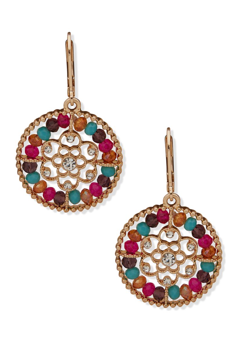 Gold Tone Multi Round Beaded Drop Earrings