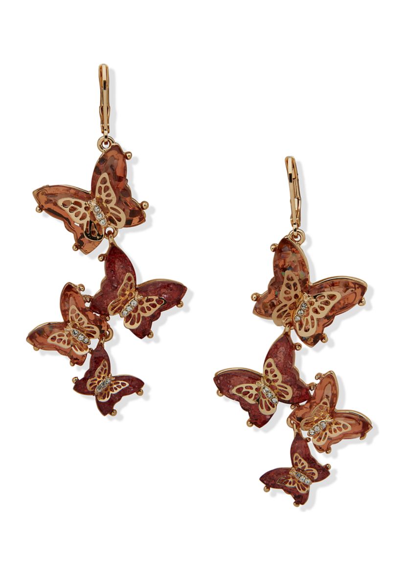 Gold Tone Burgundy Pave Butterfly Linear Earrings