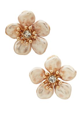 Gold Tone White Flower Stud Earrings