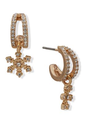 Gold Tone Crystal Hoop with Pavé Snowflake Earrings